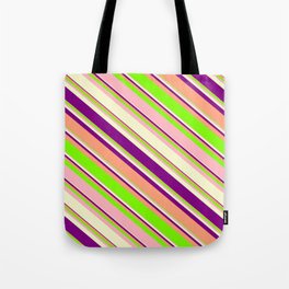 [ Thumbnail: Eye-catching Light Yellow, Purple, Light Salmon, Green & Light Pink Colored Stripes Pattern Tote Bag ]