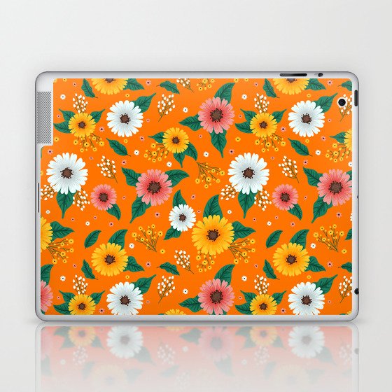 Colorful Spring Flowers Pattern in Orange Background Laptop & iPad Skin