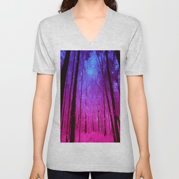 Fuchsia Violet Ombre Forest V Neck T Shirt