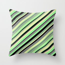[ Thumbnail: Eye-catching Dark Sea Green, Pale Goldenrod, Green, Black, and Gray Colored Stripes Pattern Throw Pillow ]
