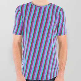 [ Thumbnail: Slate Blue, Violet, Cyan, and Red Colored Lines Pattern All Over Graphic Tee ]