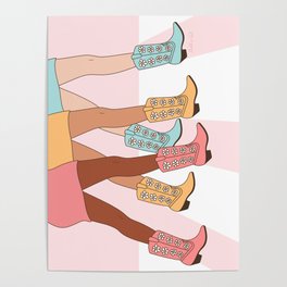 Sisters in Cowboy Boots with Daisy, Girls Walking, Cowgirl Friendship Art Poster