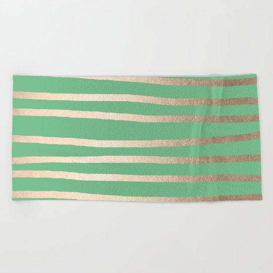 Abstract Drawn Stripes Gold Tropical Green Beach Towel