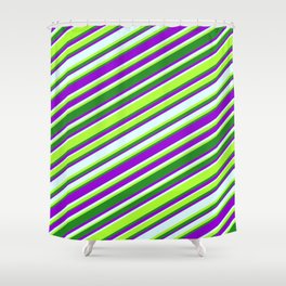 [ Thumbnail: Dark Violet, Light Cyan, Light Green & Forest Green Colored Lines Pattern Shower Curtain ]
