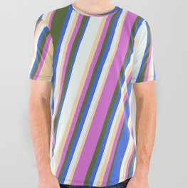 [ Thumbnail: Orchid, Dark Olive Green, Royal Blue, Mint Cream, and Tan Colored Stripes Pattern All Over Graphic Tee ]