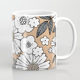 Romantic boho garden english blossom daisies and buttercup flowers and leaves caramel burnt orange gray white fall Coffee Mug