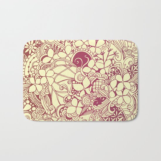 Yellow square, pink floral doodle, zentangle inspired art pattern Bath Mat