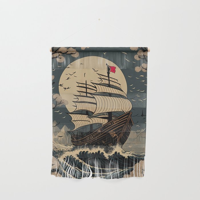 A pirate ship in the storm crossing the Pacific Ocean during full moon, huge waves splashing ukiyo-e style woodblock print Wall Hanging