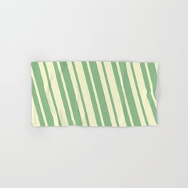 [ Thumbnail: Dark Sea Green and Light Yellow Colored Striped/Lined Pattern Hand & Bath Towel ]