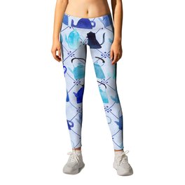 Blue Teapots Pattern Hand-painted in Watercolour/Blue Background Leggings