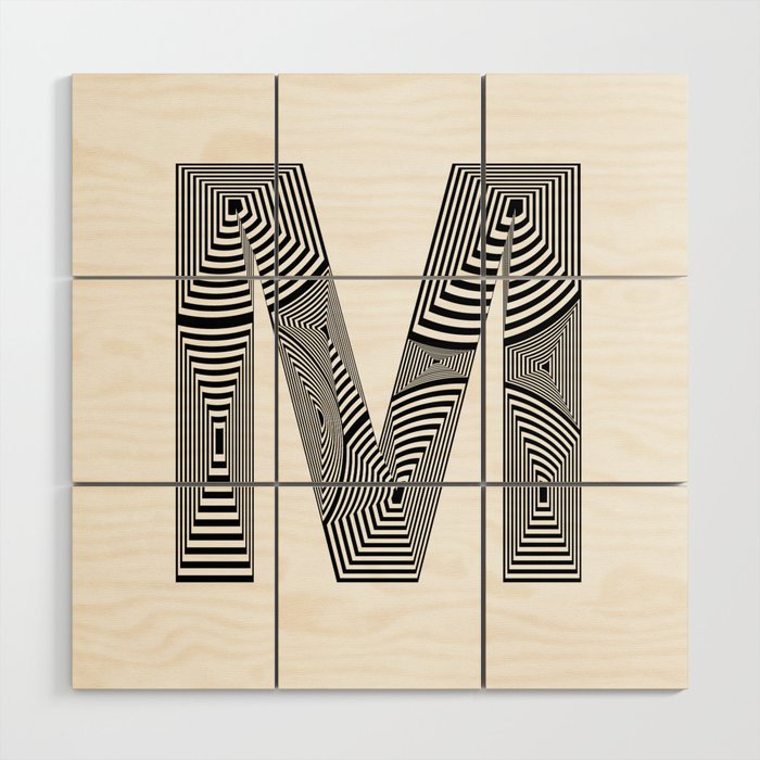 capital letter M in black and white, with lines creating volume effect Wood Wall Art