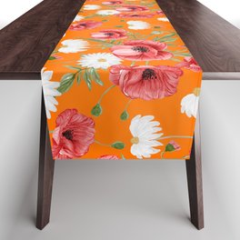 Daisy and Poppy Seamless Pattern on Orange Background Table Runner