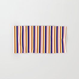 [ Thumbnail: Dark Salmon, White, Chocolate, Pale Goldenrod, and Dark Blue Colored Lines/Stripes Pattern Hand & Bath Towel ]