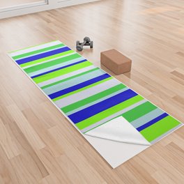 [ Thumbnail: Colorful Powder Blue, Blue, Chartreuse, Lavender & Lime Green Colored Lines Pattern Yoga Towel ]