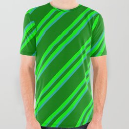 [ Thumbnail: Green, Lime, and Light Sea Green Colored Lined Pattern All Over Graphic Tee ]