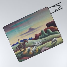 Navajo Sands, Monument Valley shepard with flock of sheep landscape painting by Thomas Hart Benton Picnic Blanket
