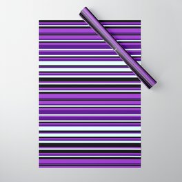 [ Thumbnail: Dark Orchid, Indigo, Light Cyan, and Black Colored Striped/Lined Pattern Wrapping Paper ]