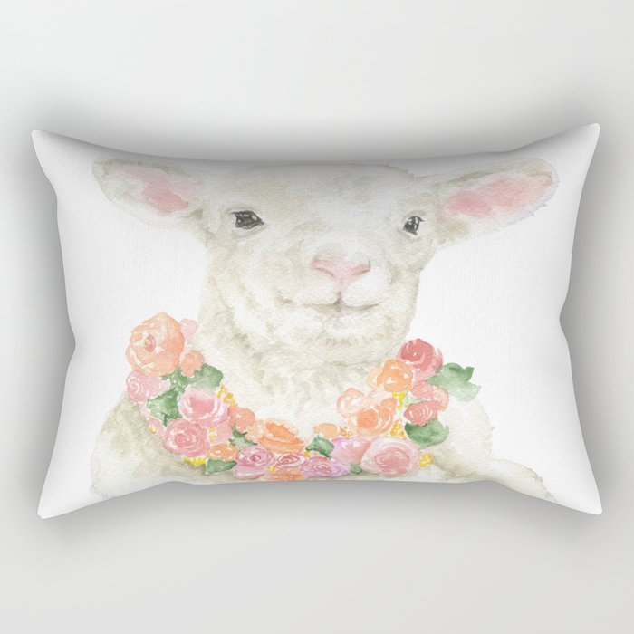 Baby Lamb Floral Watercolor Farm Animal Rectangular Pillow By