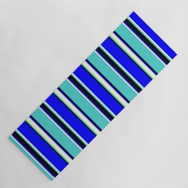 [ Thumbnail: Blue, Light Yellow, Turquoise, and Black Colored Striped/Lined Pattern Yoga Mat ]