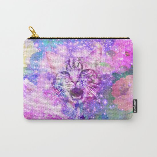 Space Cat | Girly Kitten Cat Romantic Floral Pink Nebula Space Carry-All Pouch