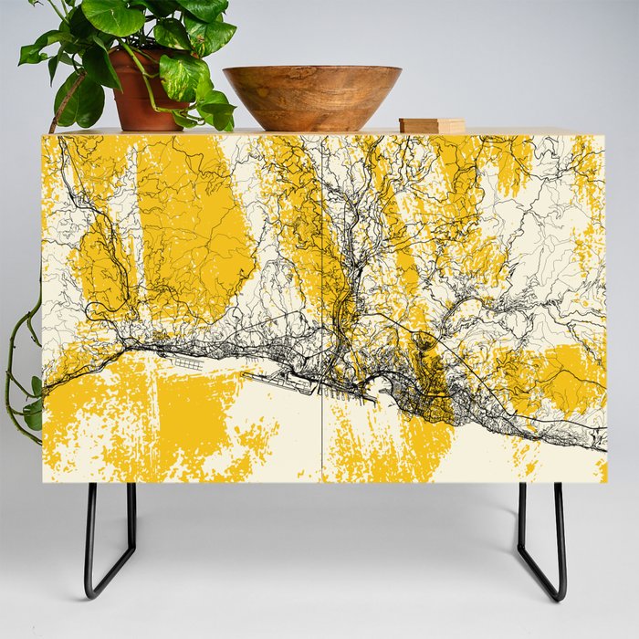 Genoa, Italy. City Map Painting. Yellow Collage. Summer Credenza