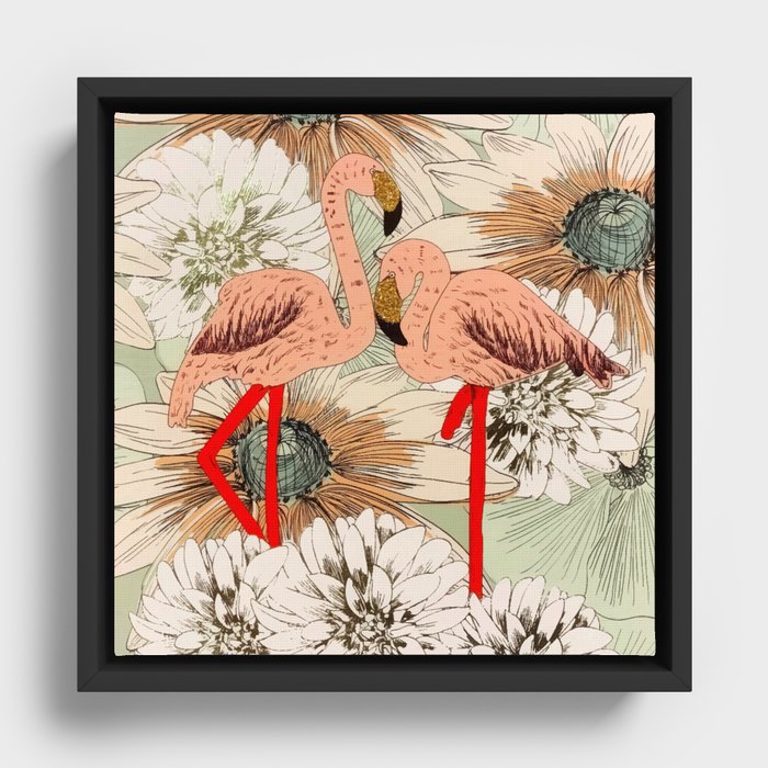 Flamingo Pink Floral Tropical Leaves Glitter Framed Canvas