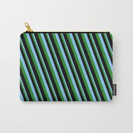 [ Thumbnail: Light Sky Blue, Forest Green & Black Colored Pattern of Stripes Carry-All Pouch ]