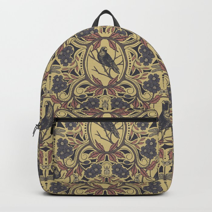 Mauve, Tan & Gray Crow & Dragonfly Floral Backpack