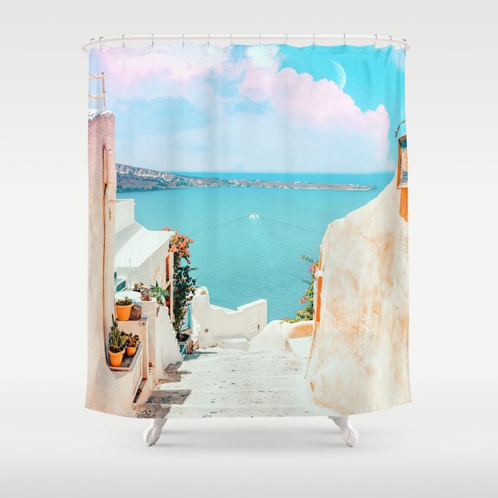 Surreal Greece, Tropical Travel Scenic Photography, Colorful Pastel Landscape Bohemian Architecture Shower Curtain