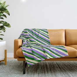 [ Thumbnail: Purple, Dark Green, and Light Yellow Colored Stripes Pattern Throw Blanket ]