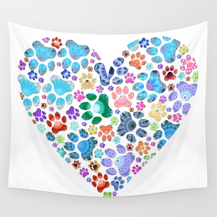Dogs Are Love Whimsical Colorful Dog Paw Print Art Wall Tapestry