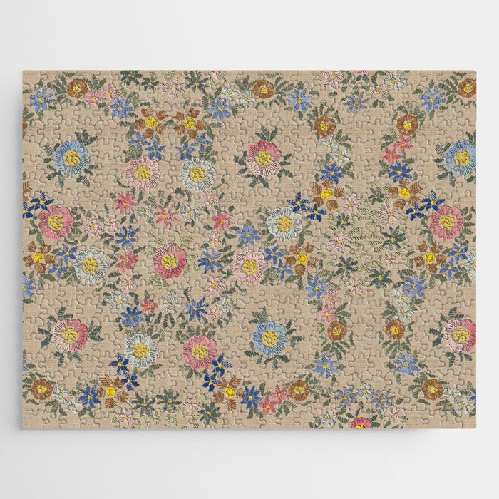 Modern embroidered flowers Coffee brown Jigsaw Puzzle