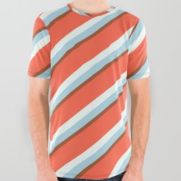 [ Thumbnail: Red, Mint Cream, Light Blue, and Sienna Colored Lines/Stripes Pattern All Over Graphic Tee ]