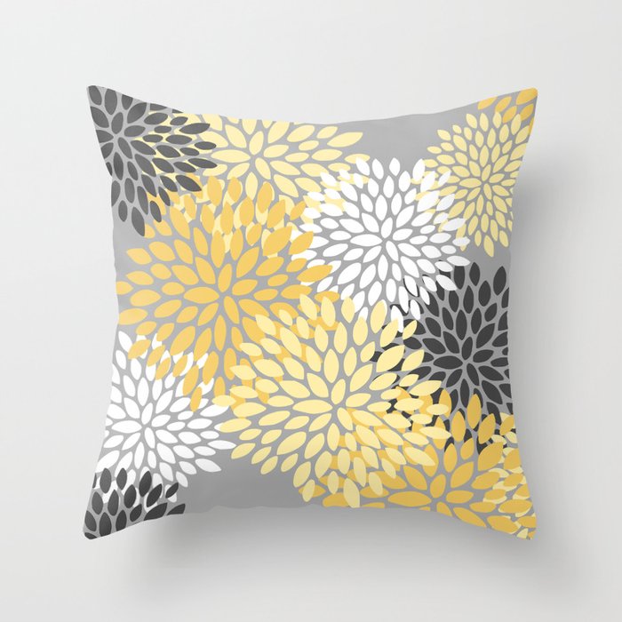Floral Blooms, Gray, Charcoal, Yellow Throw Pillow