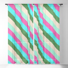 [ Thumbnail: Colorful Deep Pink, Cyan, Dark Green, Bisque, and Aquamarine Colored Striped/Lined Pattern Sheer Curtain ]