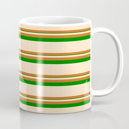 [ Thumbnail: Bisque, Chocolate, and Green Colored Striped Pattern Coffee Mug ]