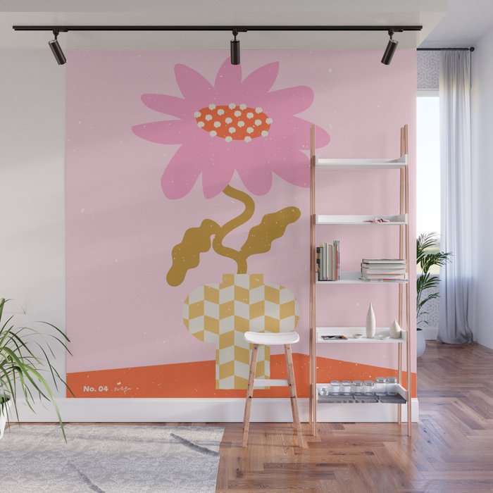 Abstract modern vase and flower. Groovy vibes and retro style Wall Mural