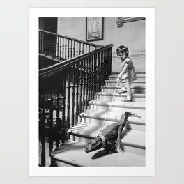 Girl Walking Baby Alligator, Black and White, Vintage Art Art Print