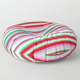 [ Thumbnail: Colorful Green, Red, Orchid, Pink, and White Colored Pattern of Stripes Floor Pillow ]