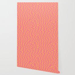 Psychedelic Warped Wavy Checkerboard in Sunset Pink and Orange Wallpaper