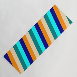 [ Thumbnail: Eyecatching Dark Orange, Tan, Teal, Aqua & Dark Blue Colored Stripes Pattern Yoga Mat ]