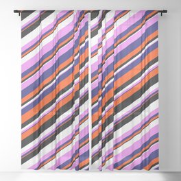[ Thumbnail: Eyecatching Violet, Midnight Blue, Red, Black & White Colored Lines/Stripes Pattern Sheer Curtain ]