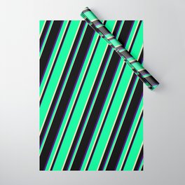 [ Thumbnail: Green, Tan, Black, and Indigo Colored Lines/Stripes Pattern Wrapping Paper ]