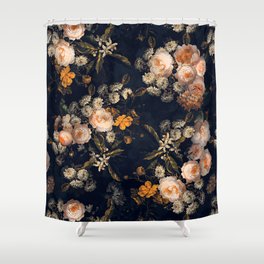 Antique Botanical Peach Roses And Chamomile Midnight Garden Shower Curtain