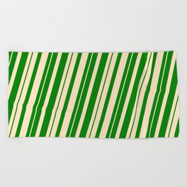 [ Thumbnail: Green & Bisque Colored Striped Pattern Beach Towel ]
