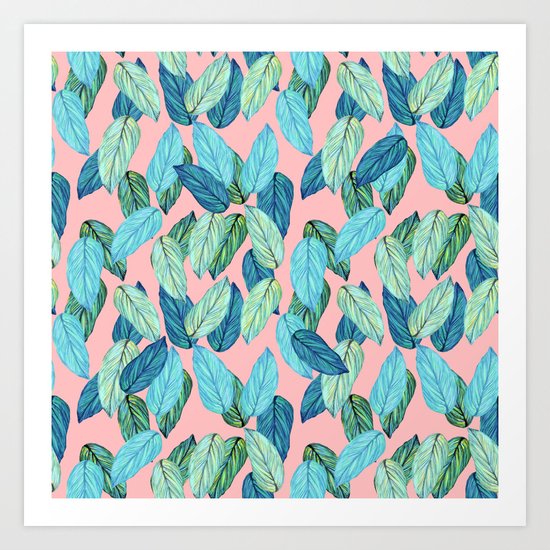 Tropical leaves on Pink Art Print