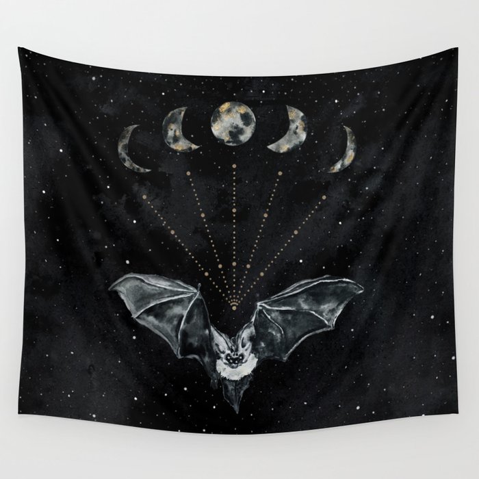 Bat and Moon Phases, Black Gold, Celestial Stars Witchy Wall Tapestry