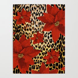 Animal Print Leopard and Red Poinsettia Poster