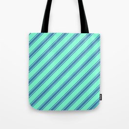 [ Thumbnail: Aquamarine and Blue Colored Striped/Lined Pattern Tote Bag ]