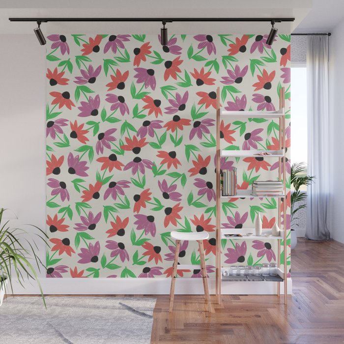 Bright Coneflower Floral Pattern Hand Drawn Wall Mural